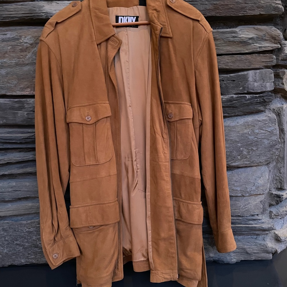 DKNY Camel Brown Suede Jacket Large EUC Belt